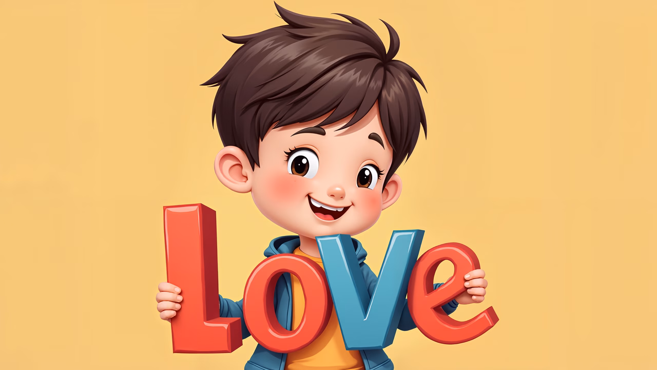 A cartoon boy holding colorful 'LOVE' letters, conveying warmth and positivity.