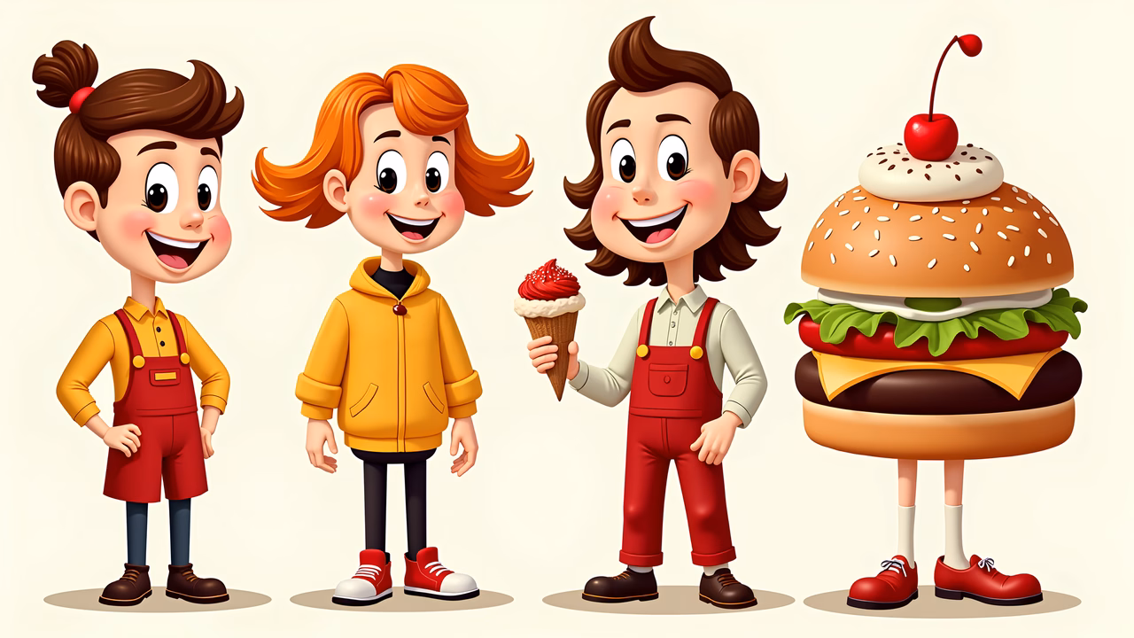 Cartoon kids enjoying ice cream and burgers in a playful scene.