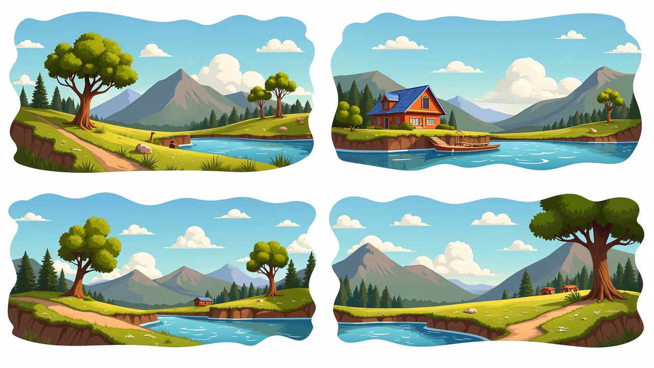Whimsical cartoon landscape with a red house and serene nature.