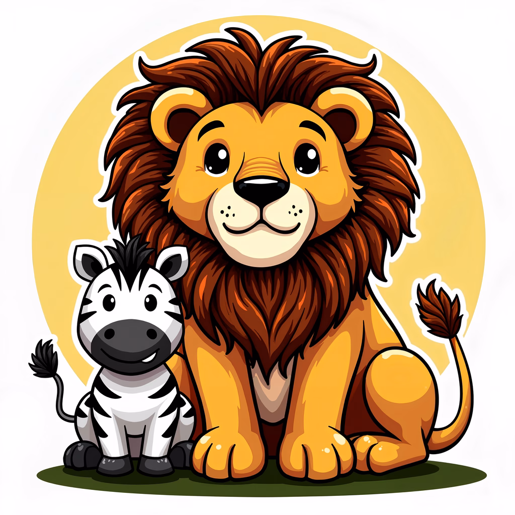 Cute cartoon lion and zebra sitting together, perfect for kids!