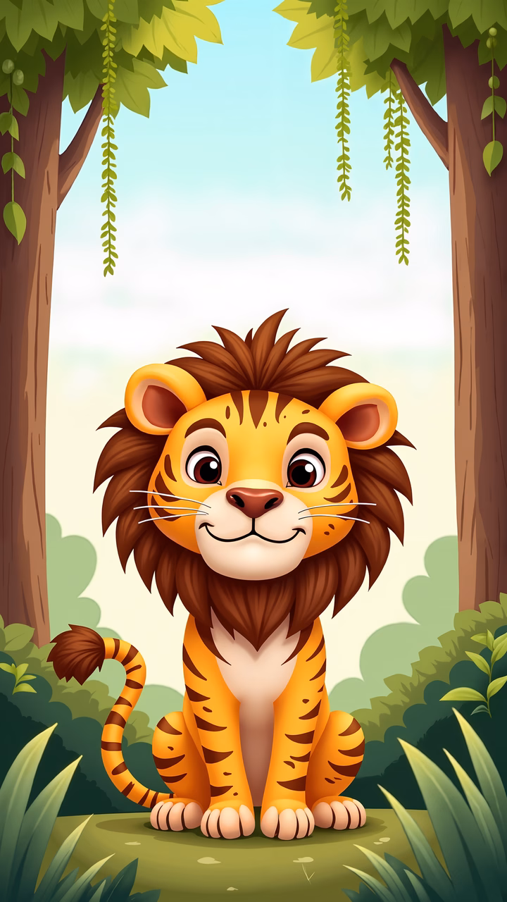 A cute cartoon lion surrounded by nature, ideal for kids' content.