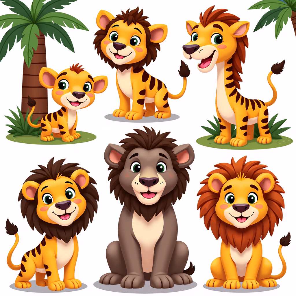 Brightly colored cartoon lions in a playful jungle setting.