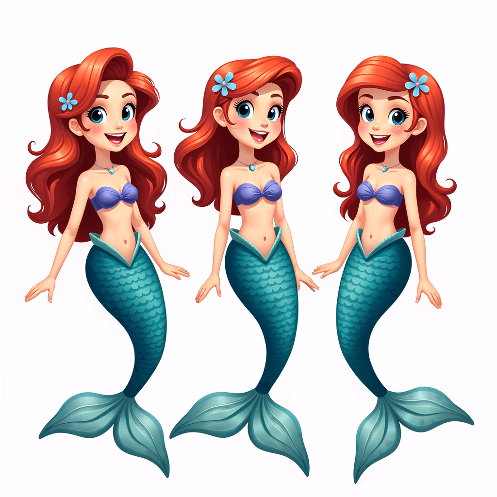 Three happy mermaids in colorful bikinis, perfect for children's art.