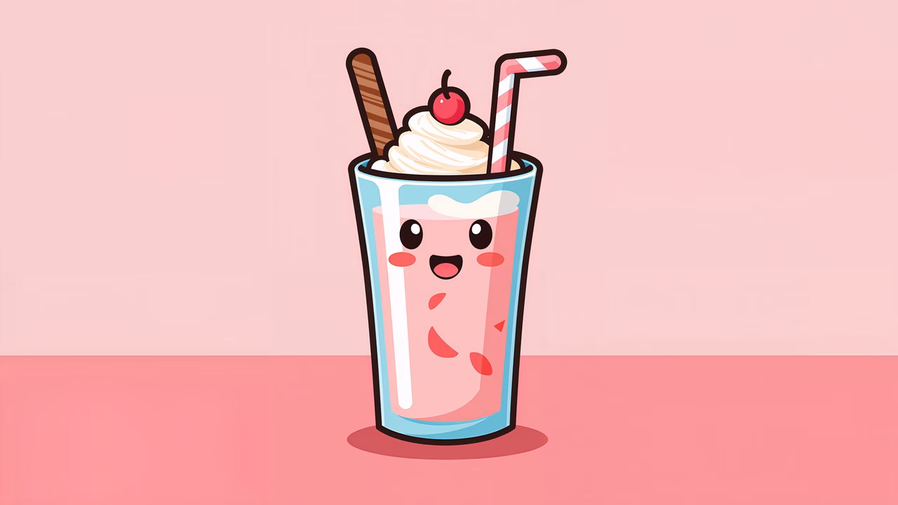 A cute, animated milkshake with a smiling face, perfect for a fun and cheerful illustration.
