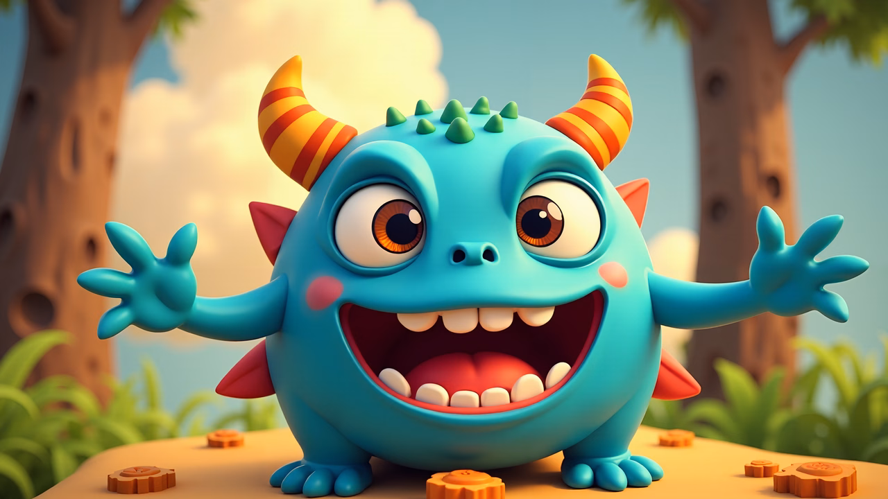 A friendly blue monster in a colorful forest scene.