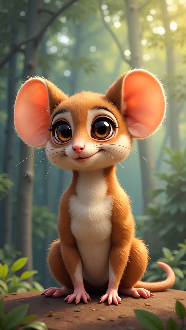 A cute cartoon mouse in a peaceful forest setting.