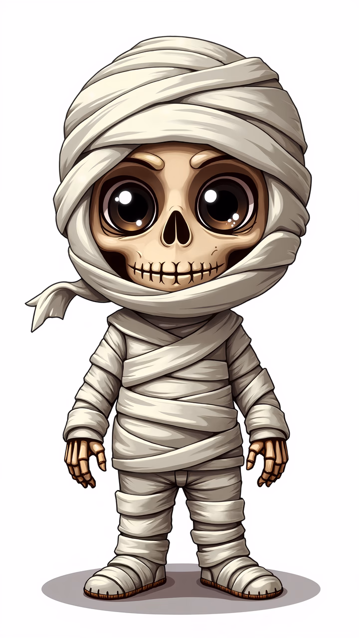 Cute cartoon mummy with big eyes, perfect for Halloween decor.