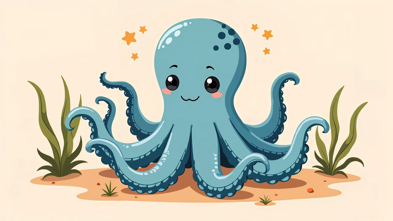 A friendly cartoon octopus in a serene underwater setting.