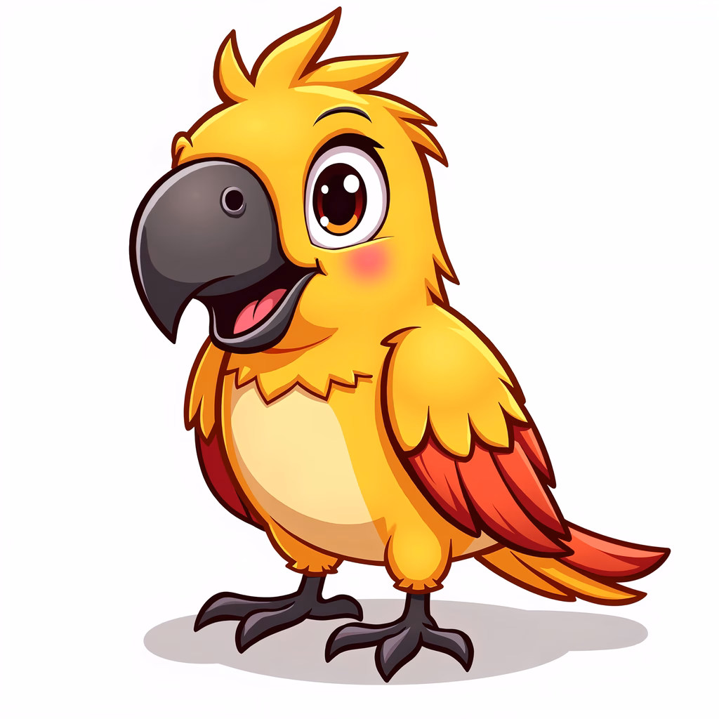 Brightly colored cartoon parrot with expressive eyes and a joyful demeanor.