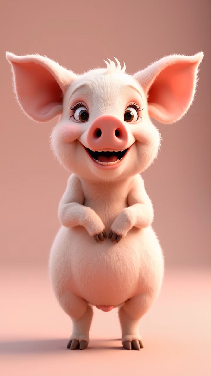 A cute, smiling pig with big eyes and soft pink fur, set against a gentle pink gradient background.