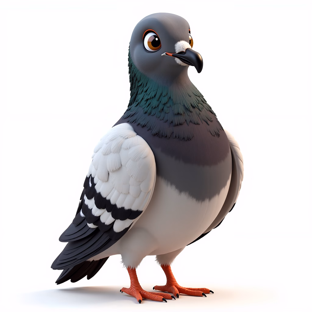 Whimsical cartoon pigeon with large eyes and colorful plumage.