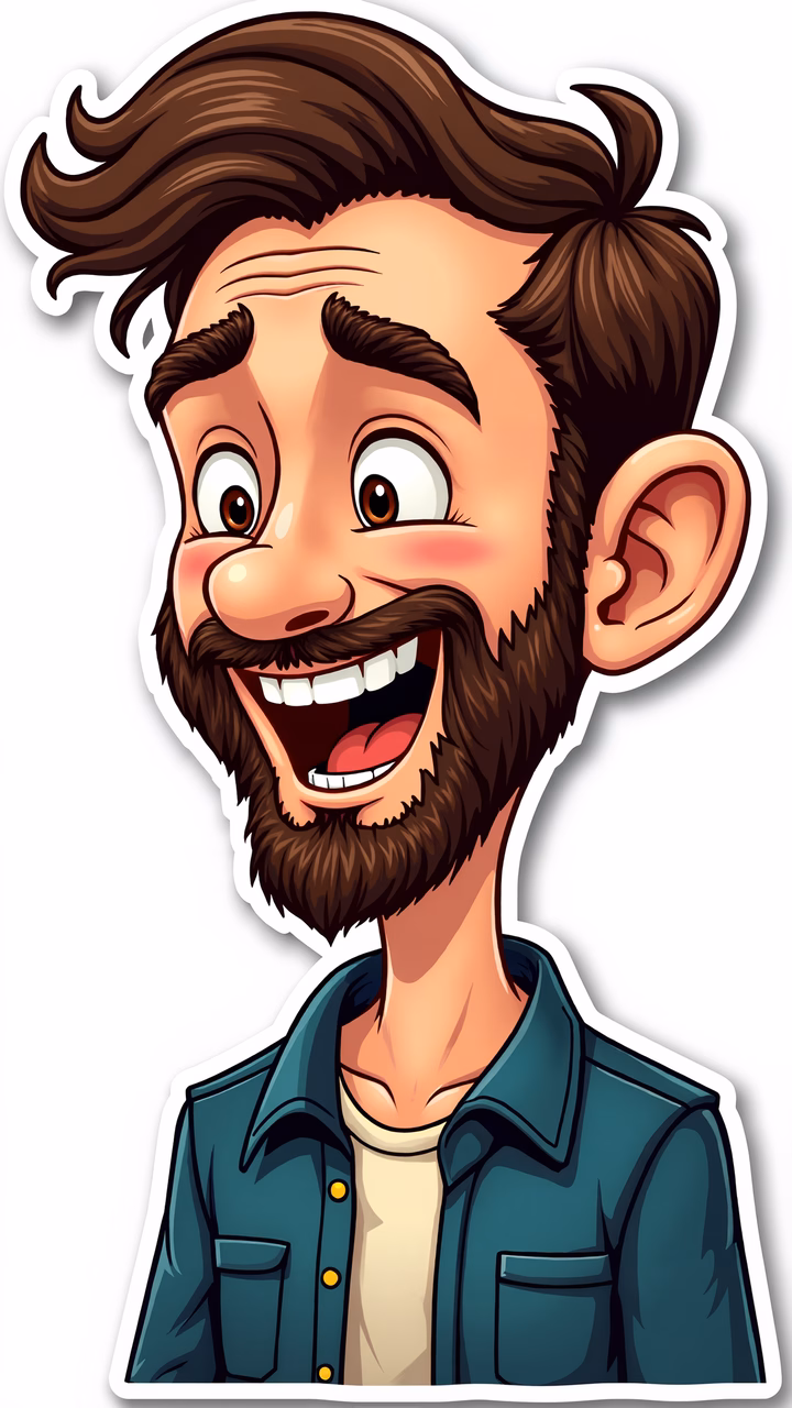 Brightly colored cartoon portrait of a smiling character.