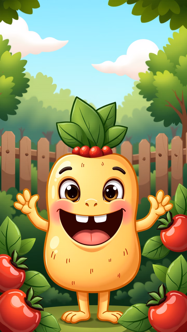 A happy potato character in a sunny garden setting.
