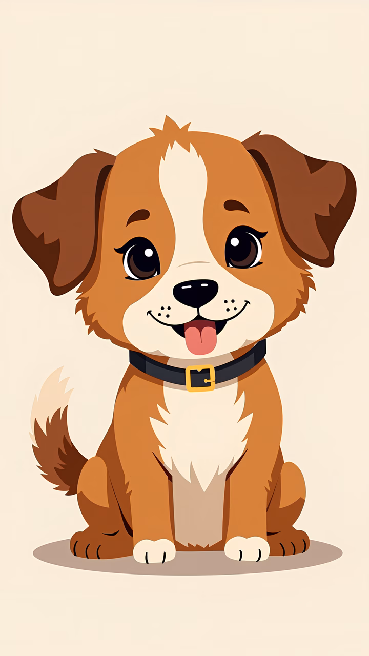 A cheerful cartoon puppy with expressive eyes and a happy smile, perfect for children's art.