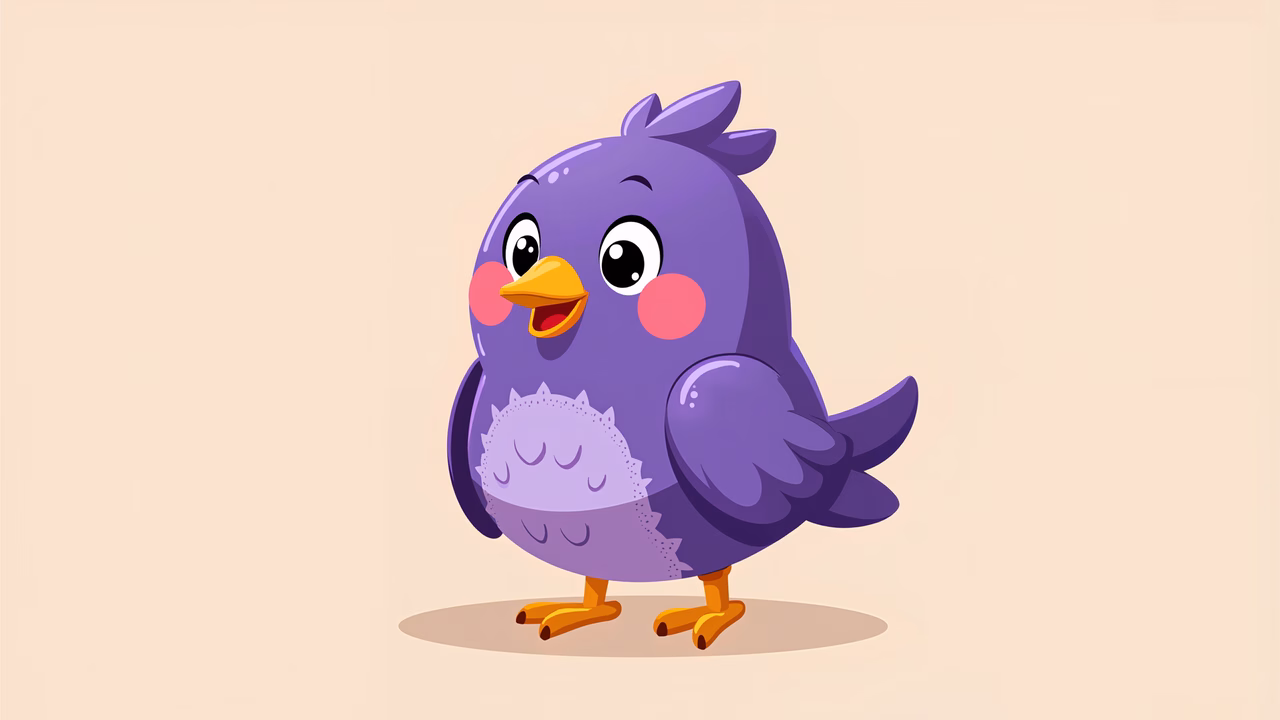 A cute, purple cartoon bird with pink cheeks and a cheerful expression.