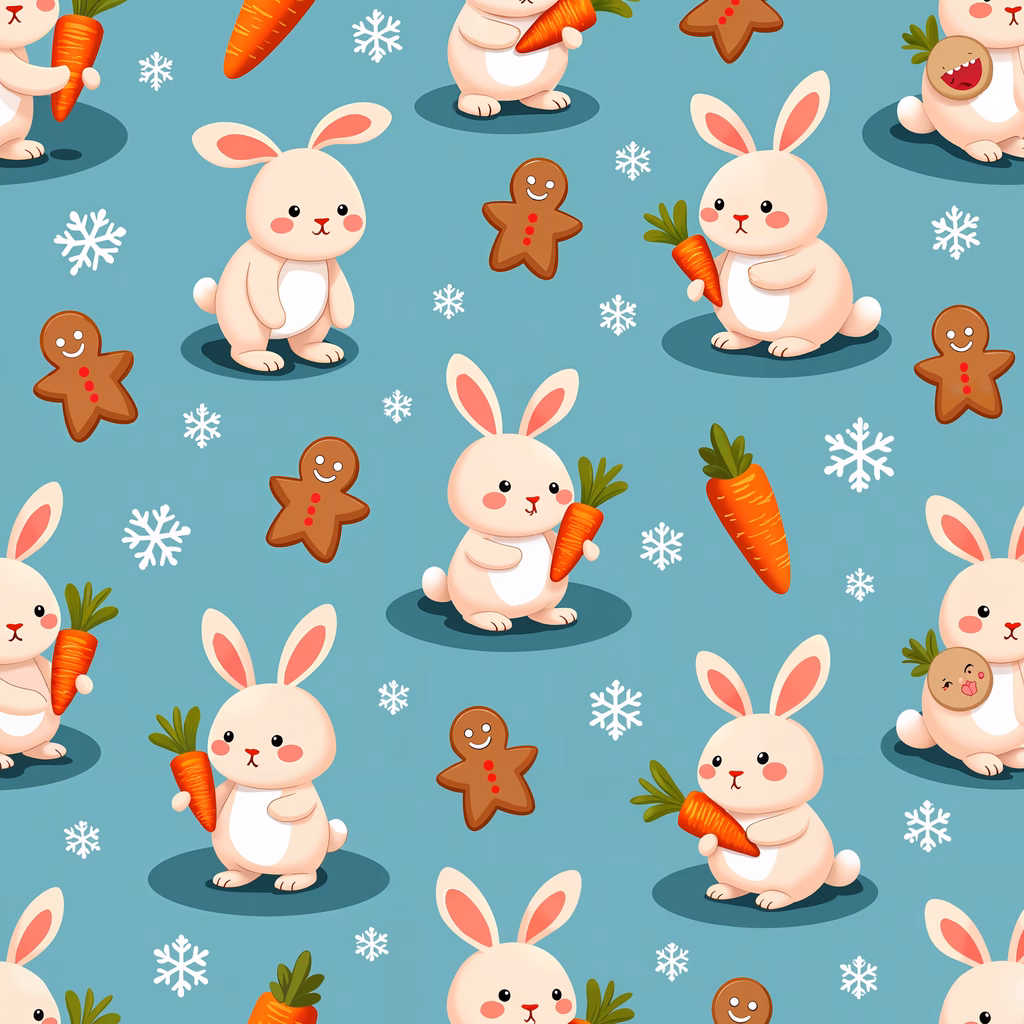 Cute cartoon rabbits and gingerbread cookies on a cozy teal background with snowflakes.