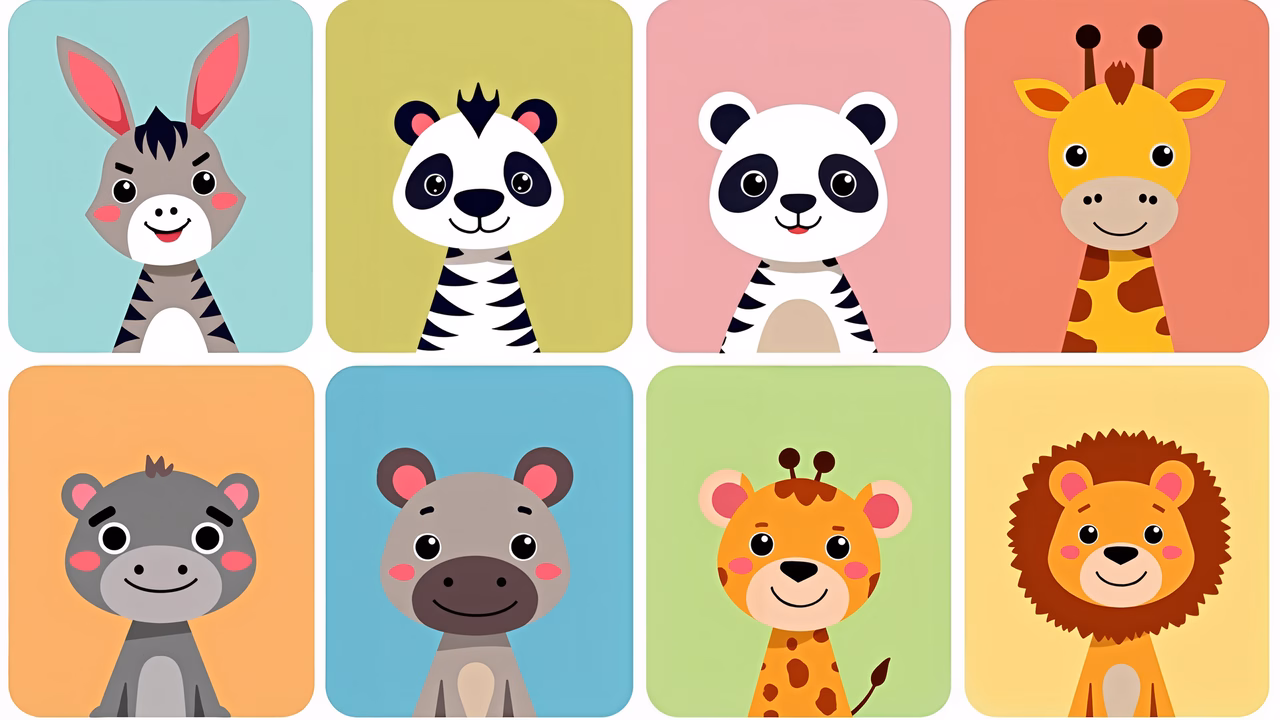 Cute cartoon safari animals in a colorful grid layout, perfect for children's decor.