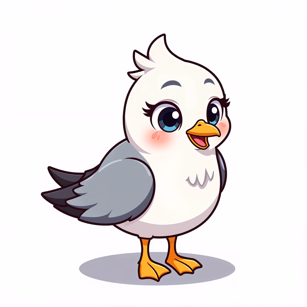 A cute cartoon seagull with big eyes and a cheerful expression.