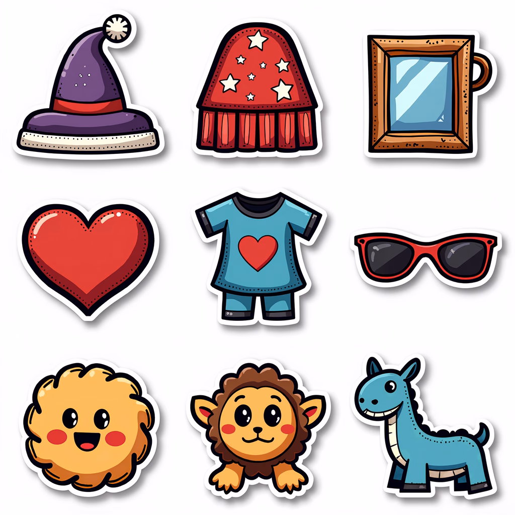 Brightly colored cartoon stickers featuring whimsical objects and animals.