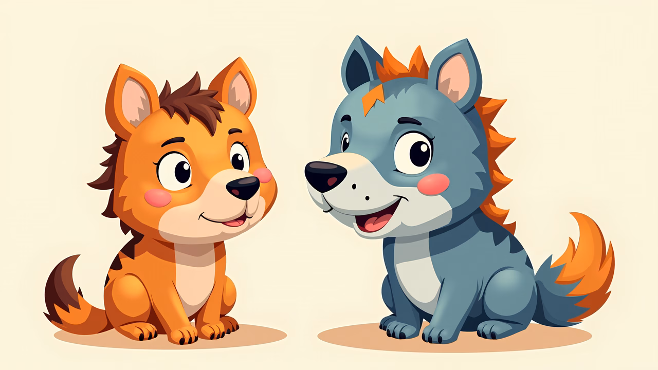 Two cute cartoon animals, a tiger and a wolf, sitting together in a friendly manner.