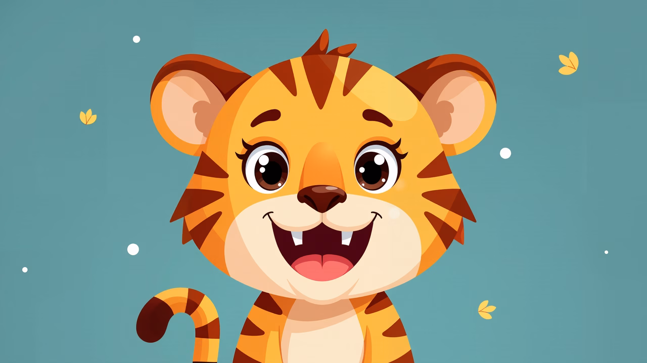 A joyful cartoon tiger with big eyes and a smile against a teal backdrop.