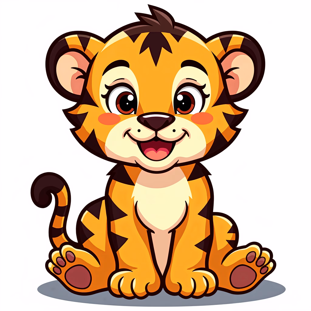 A happy, cartoon tiger cub with big eyes and a wide grin.