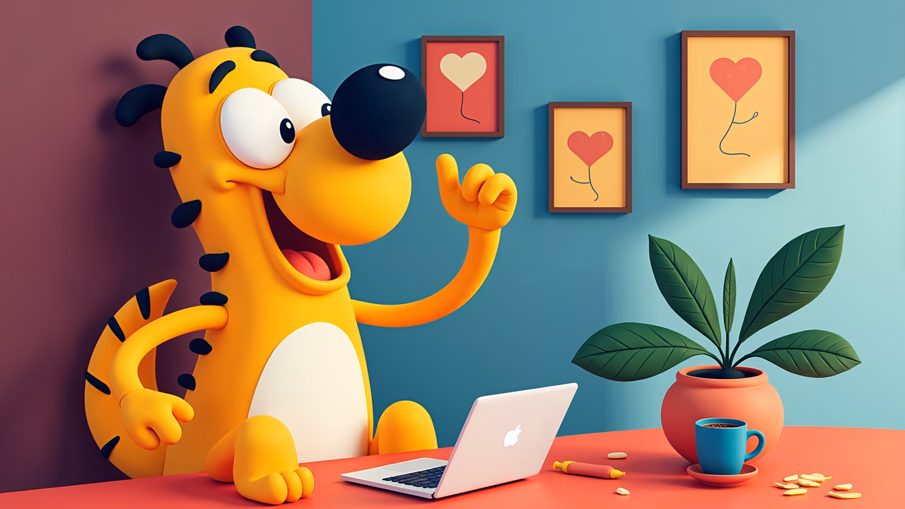A cartoon tiger waves cheerfully at its viewer in a cozy workspace setting.