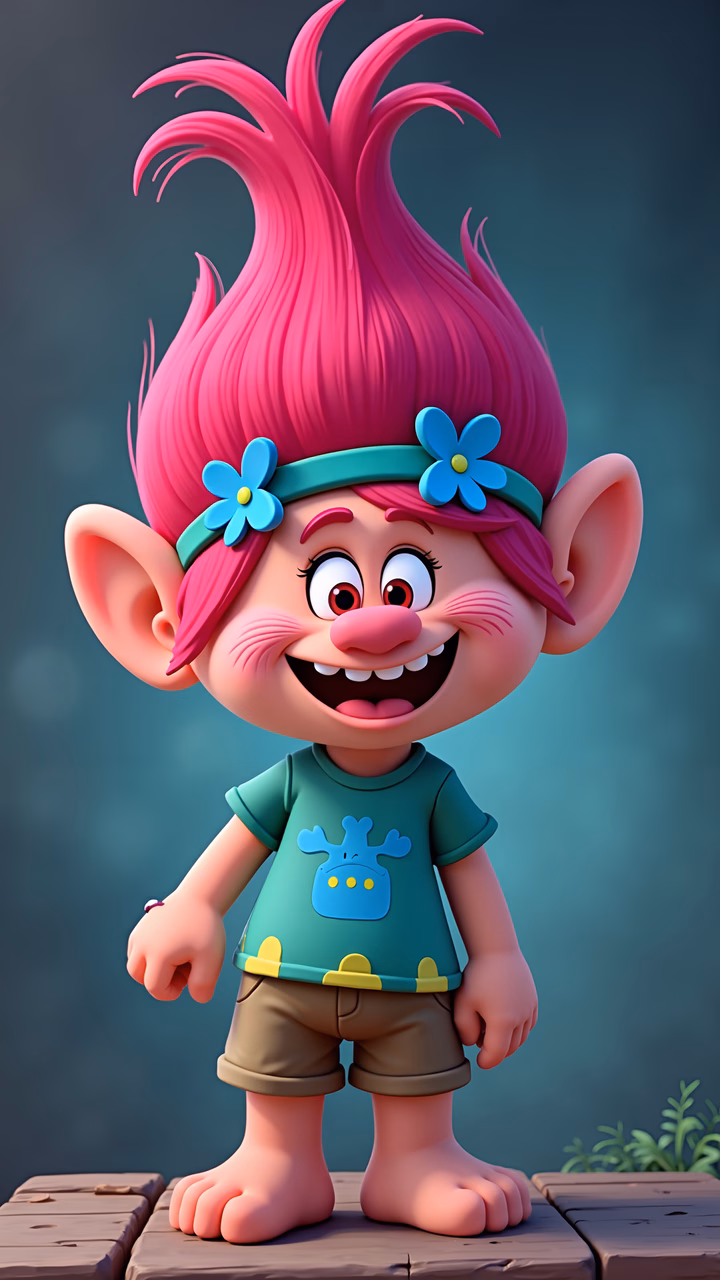 Brightly colored cartoon troll with pink hair and blue flowers, standing on a wooden platform.