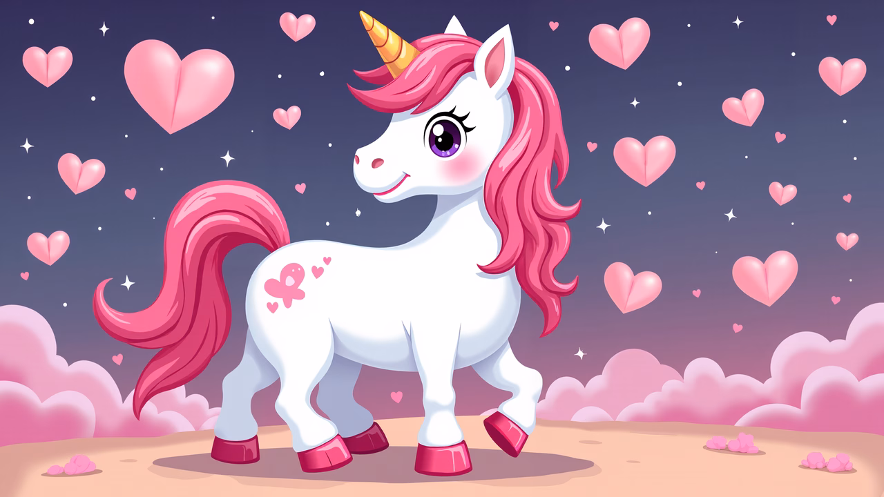 A cute cartoon unicorn surrounded by hearts and clouds, evoking a magical fantasy vibe.