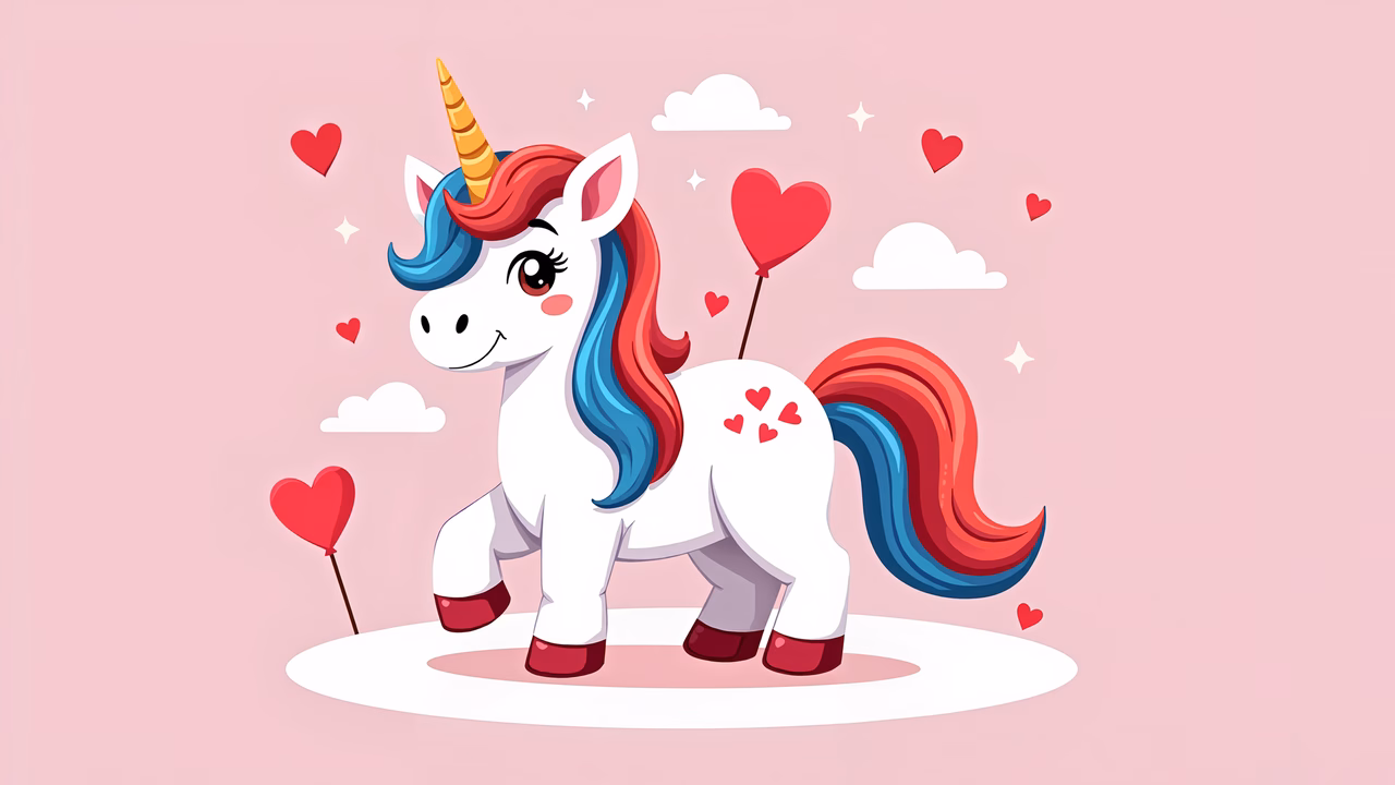 A cute cartoon unicorn with hearts and clouds on a pink background.