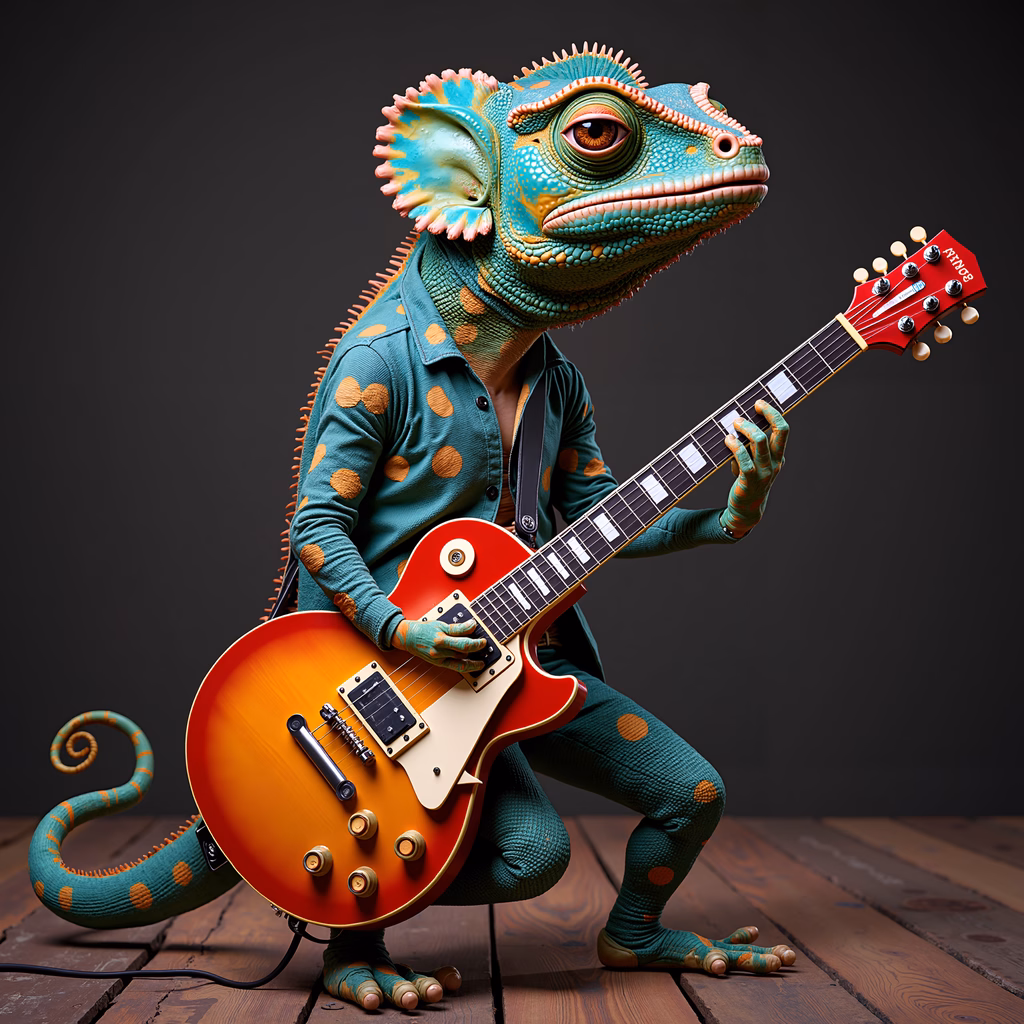 A chameleon guitarist in a polka-dot outfit, playing a red electric guitar.