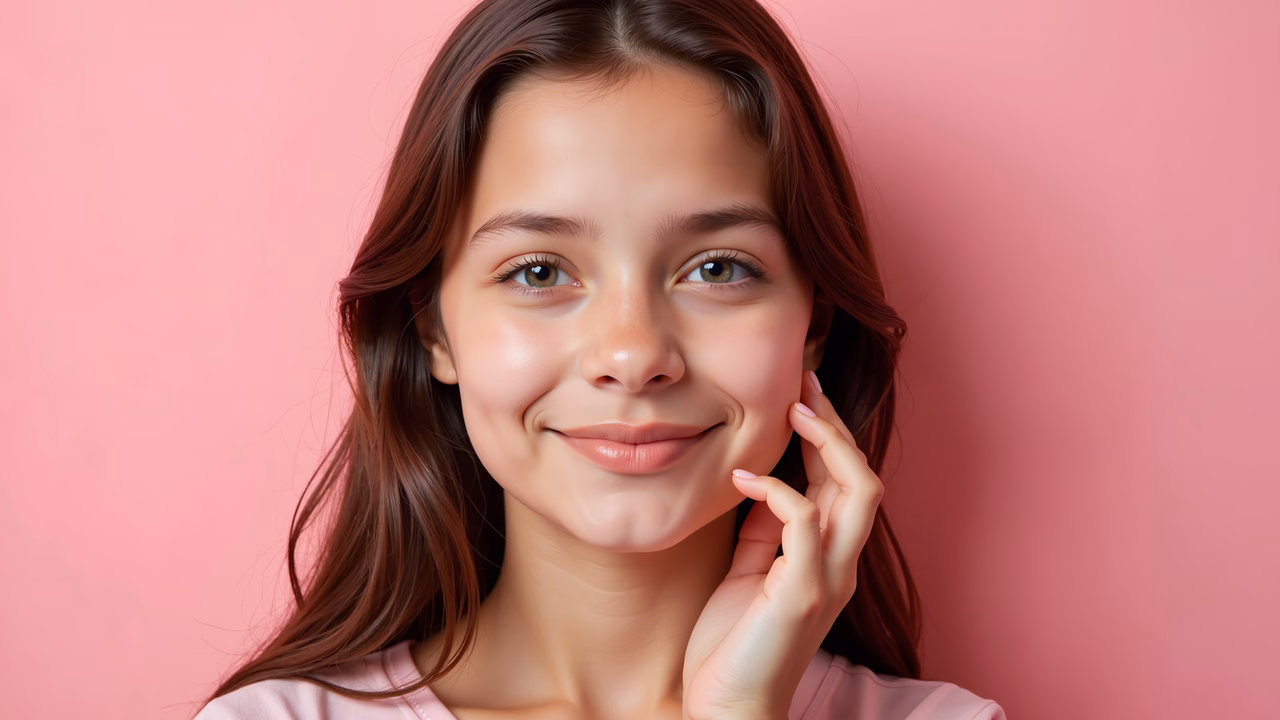 Close-up portrait of a smiling young woman with a pink background, evoking joy and innocence.