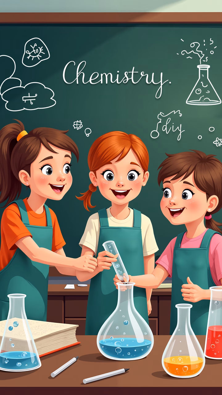 Three children in a chemistry class, experimenting and learning together.
