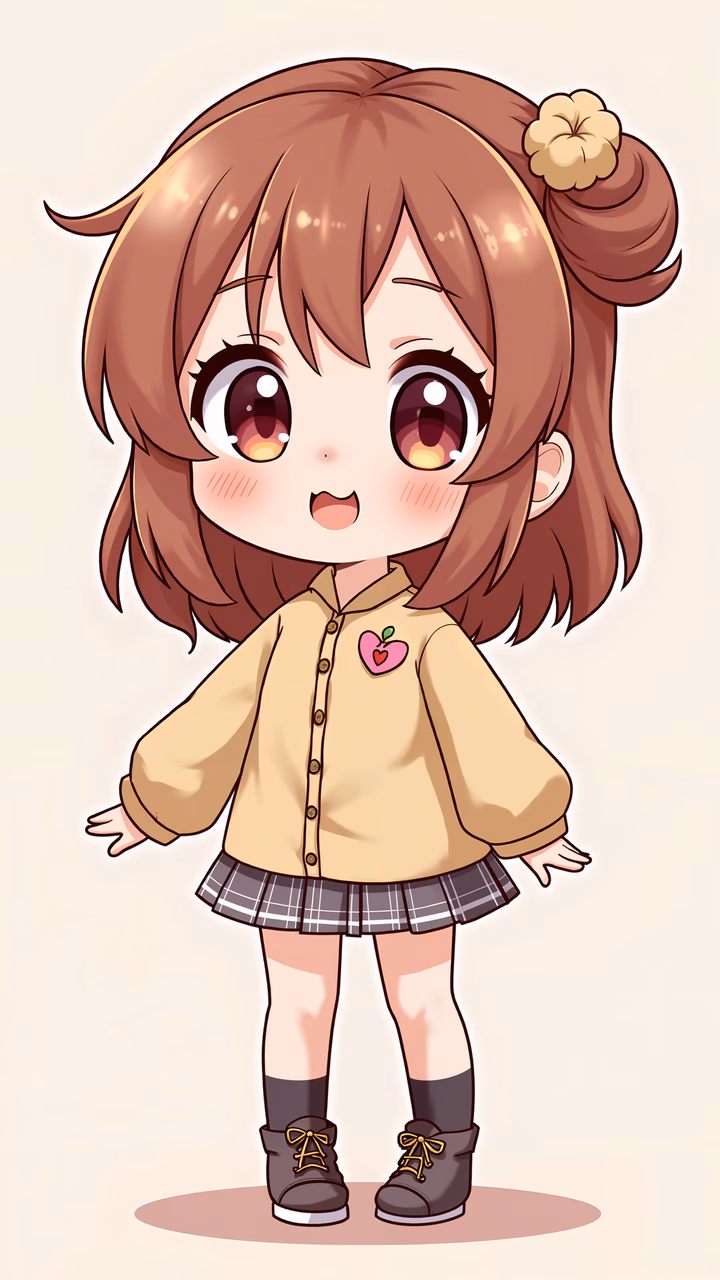 Cute anime chibi girl with big eyes and brown hair in buns, dressed in a beige cardigan and plaid skirt.