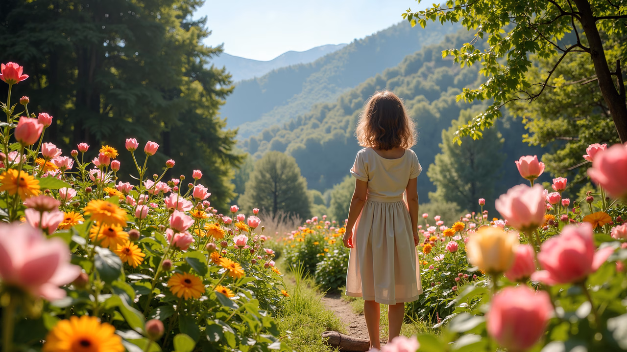 A child amidst a colorful flower garden, surrounded by nature’s beauty under the sun.