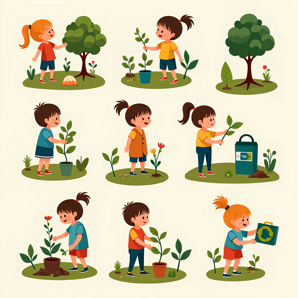 Children planting trees and caring for nature, promoting sustainability and environmental education.
