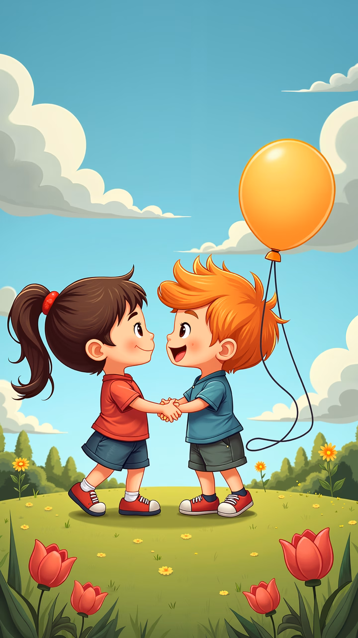 Two children sharing a balloon on a sunny day, surrounded by vibrant flowers and a clear blue sky.