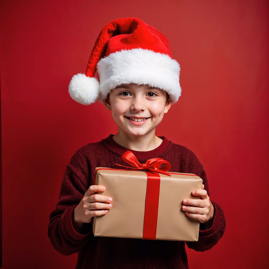 A child in a Santa hat holding a gift, celebrating Christmas joy.