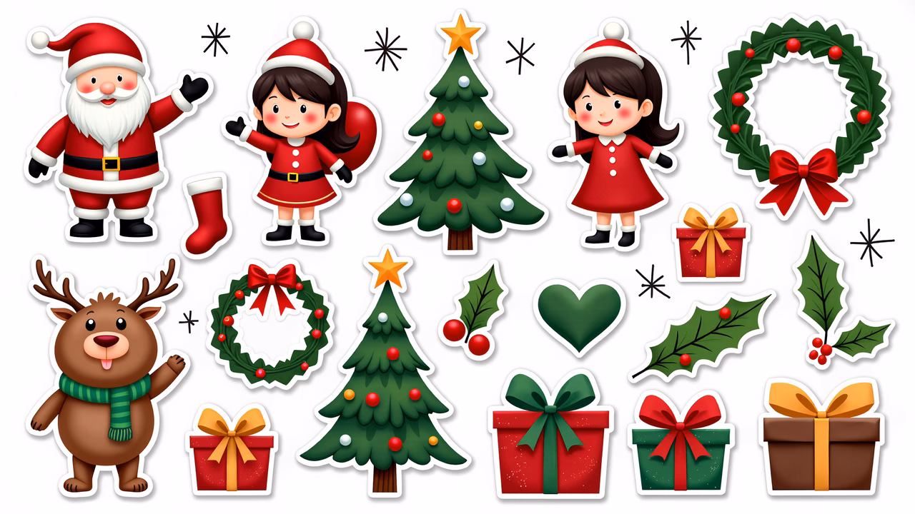 Bright and cheerful Christmas stickers featuring Santa, reindeer, trees, and gifts.