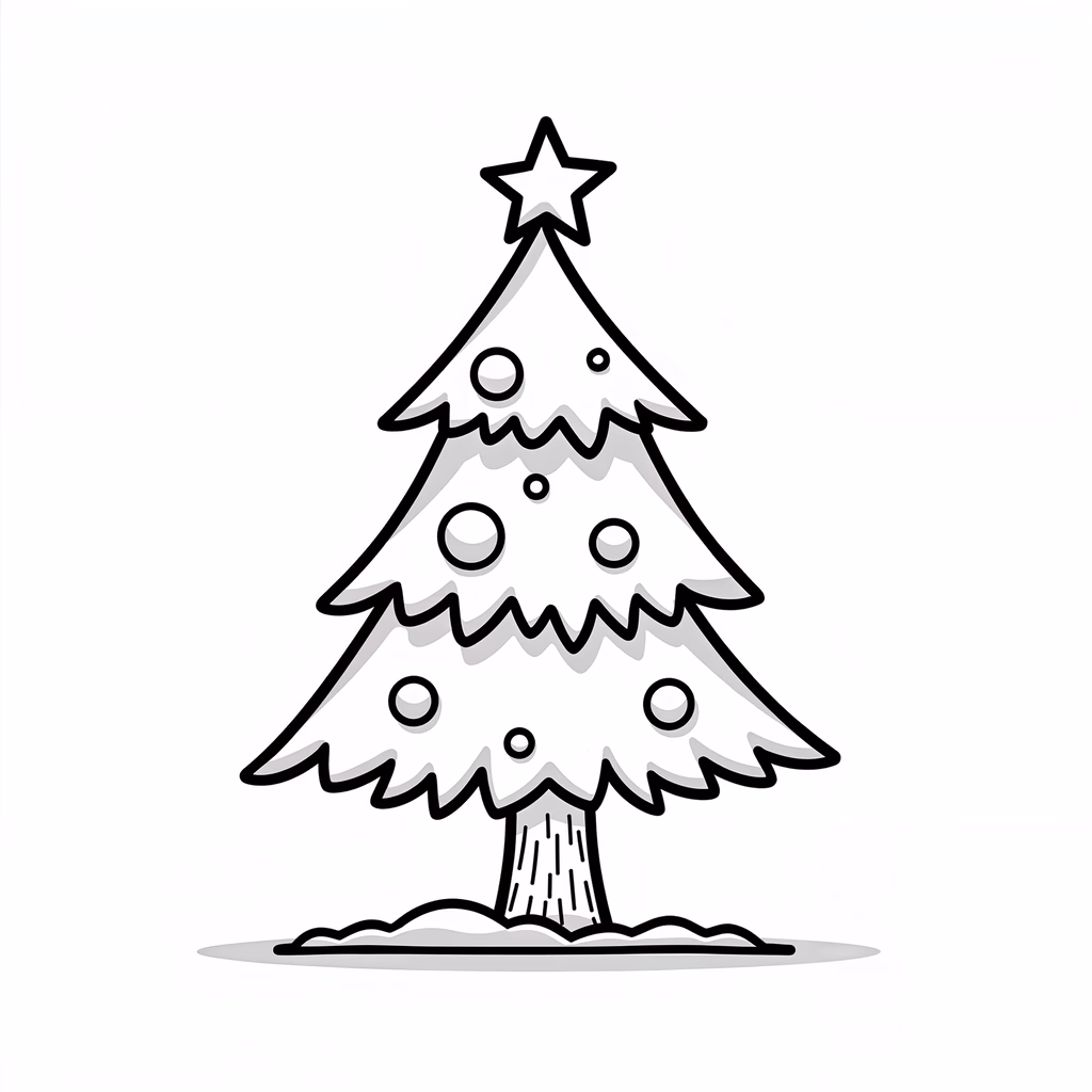 A minimalist black-and-white illustration of a Christmas tree with ornaments and a star on top, perfect for holiday-themed designs.