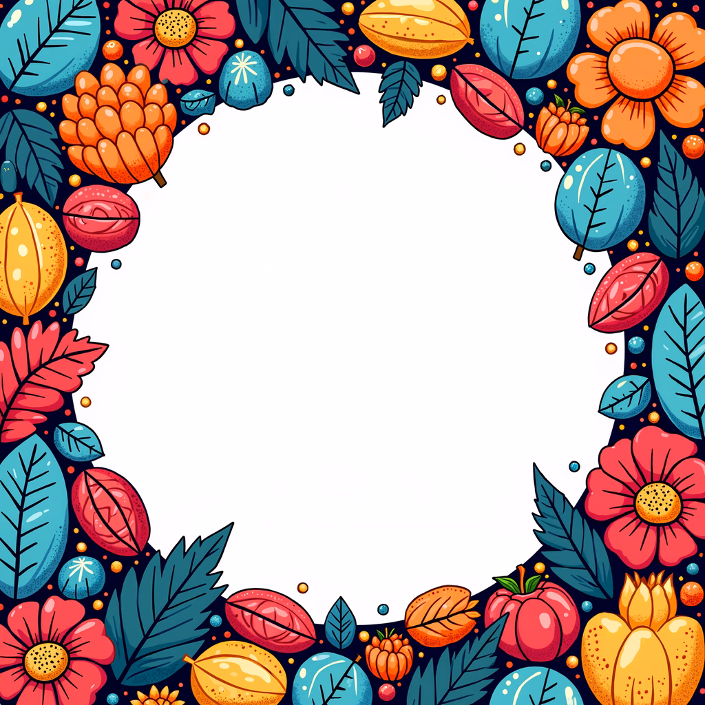 Vibrant cartoon-style floral border with bold colors and detailed textures.