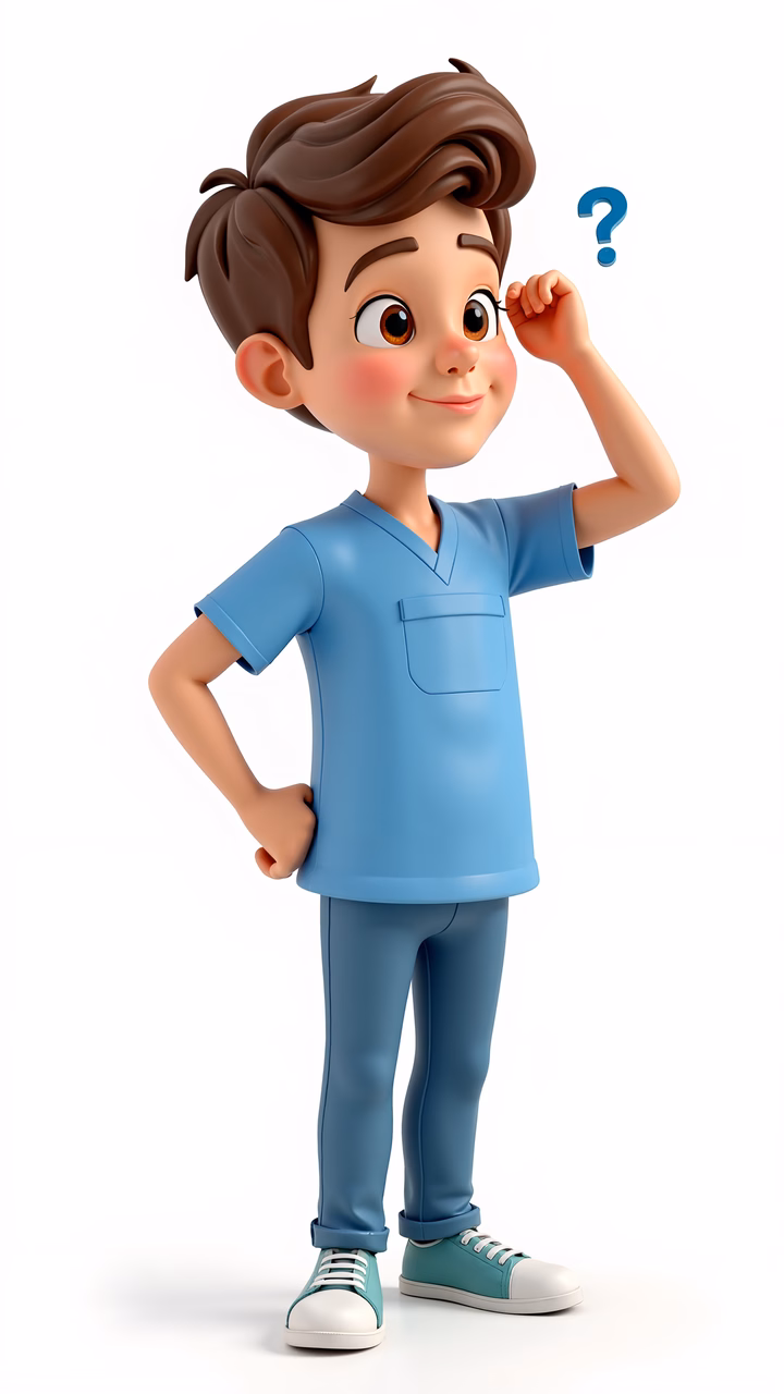 A curious cartoon boy in blue scrubs questioning something.