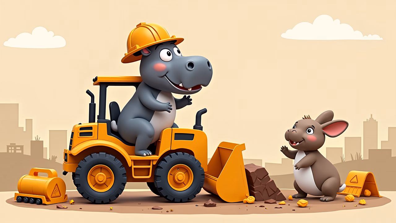 A friendly hippo and mouse in a construction-themed adventure!