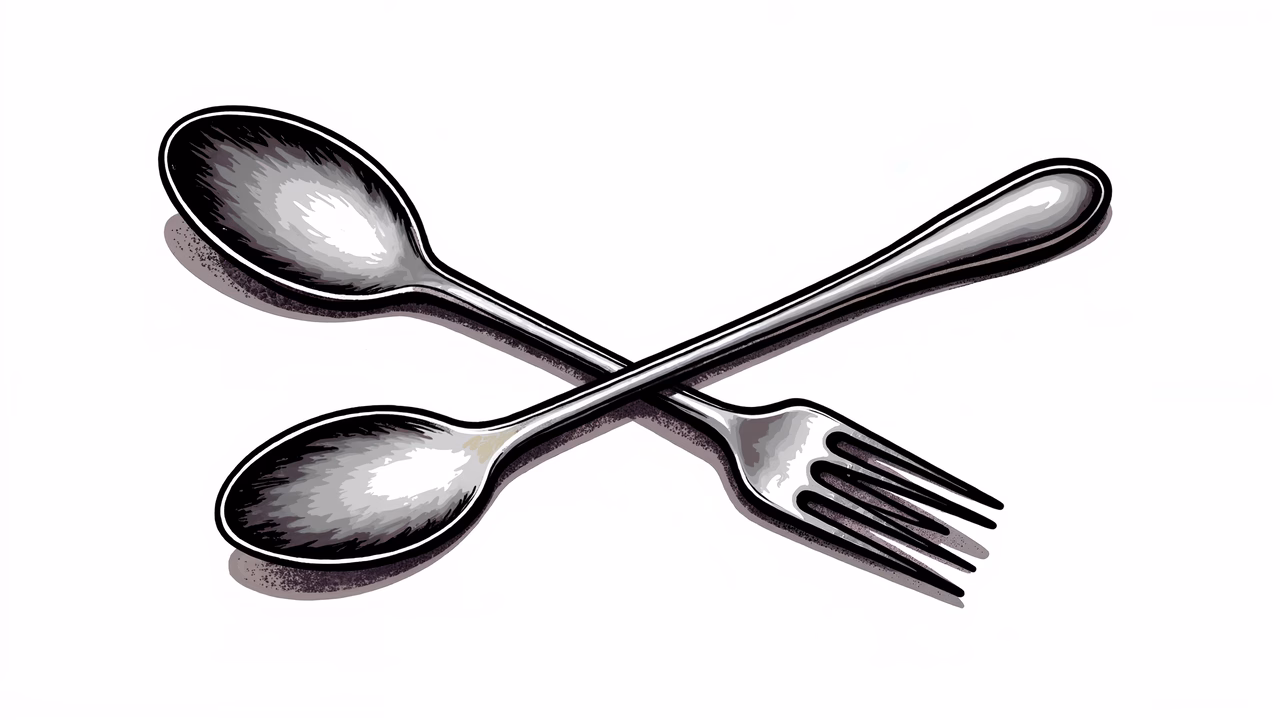 Crossed cutlery in grayscale, minimalist design, food and drink illustration