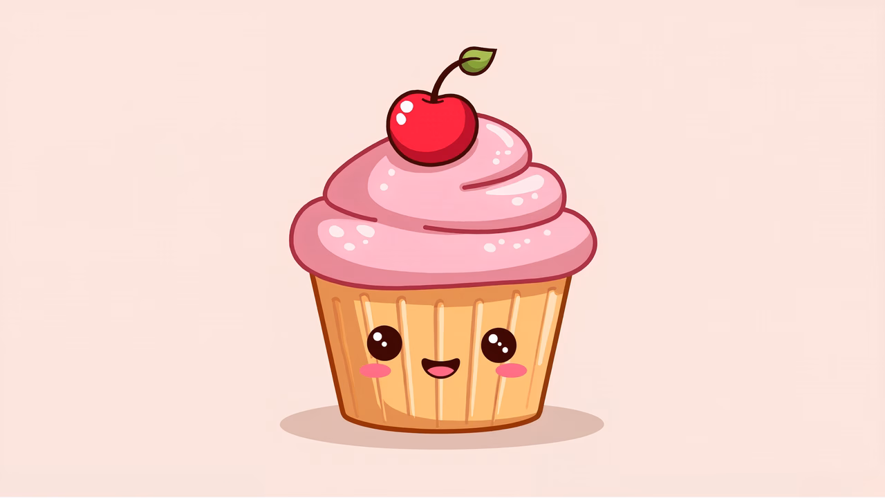 A cute cupcake with a cherry on top, rendered in a playful illustration style.