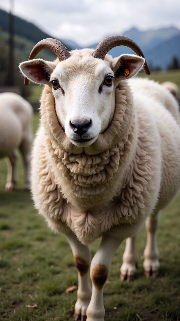 Close-up portrait of a sheep with curly wool and expressive eyes, set against a pastoral backdrop.