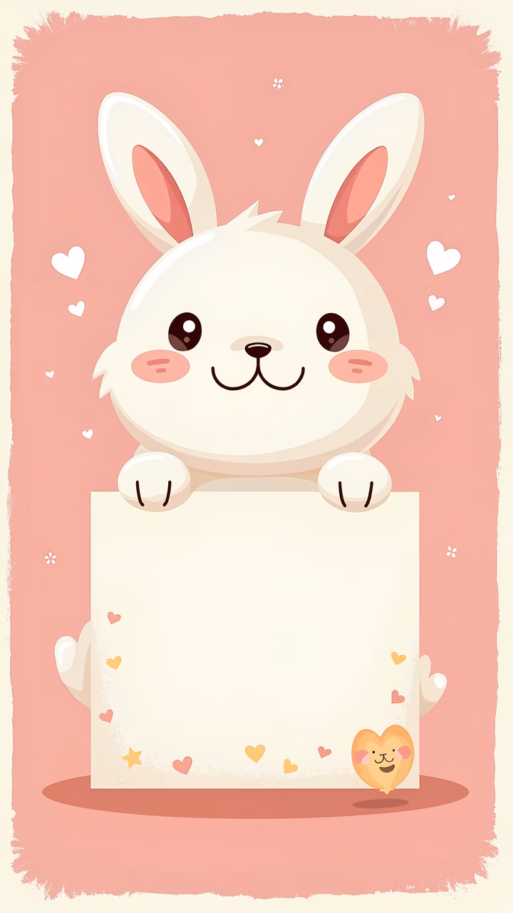 A cute bunny holding a blank sign on a heart-filled pink background.
