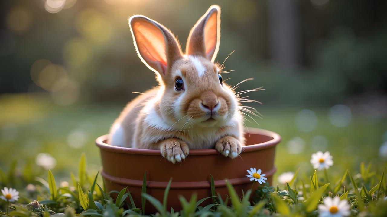 A cute bunny in a pot amidst a lush garden setting.