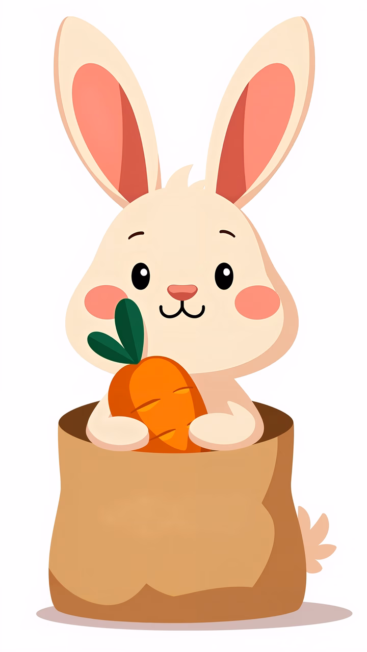 A sweet bunny holding a carrot in a sack, perfect for children's art.