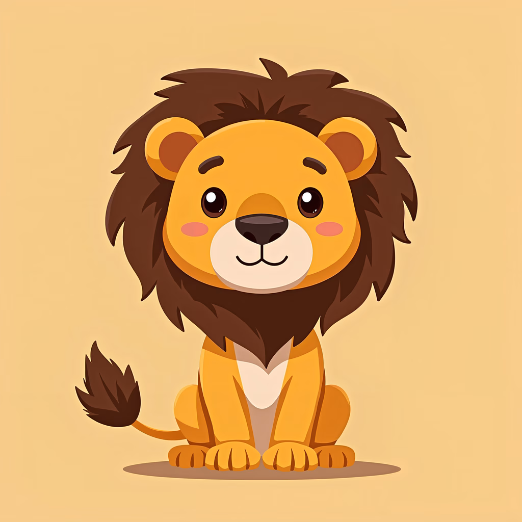 A cute cartoon lion with a friendly expression and warm colors.